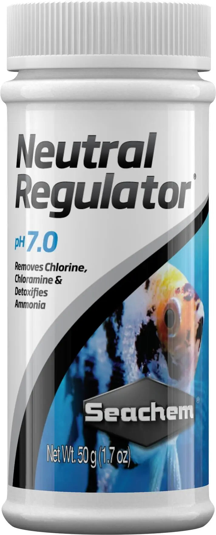 Seachem Neutral Regulator 50 g freshwater pH buffer for stabilizing aquarium water to neutral pH in community tanks, breeding setups, and water changes.
