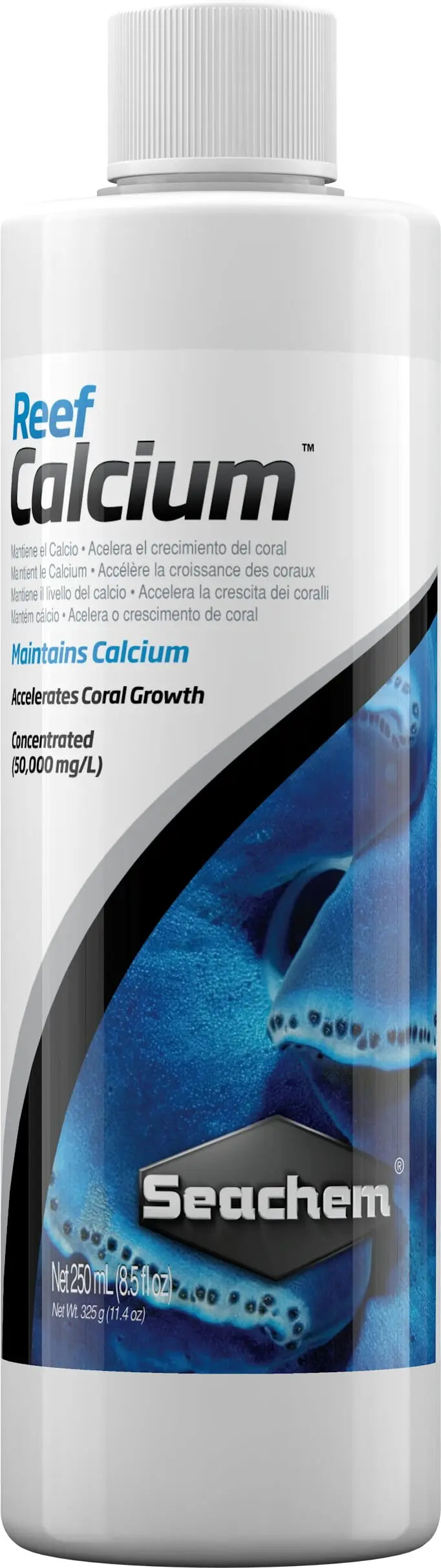 Seachem Reef Calcium 250 mL bottle calcium supplement used to maintain calcium levels in reef aquariums