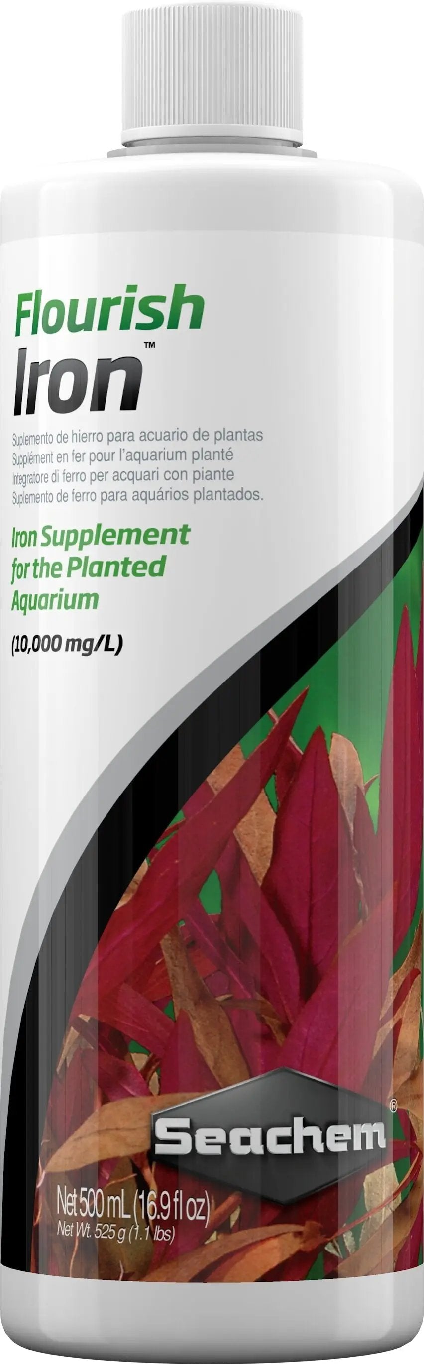 Seachem Flourish Iron 500 mL β concentrated iron supplement for planted aquariums promoting red plant coloration and healthy growth.