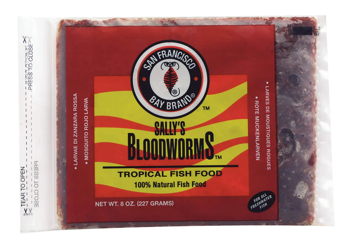 “San Francisco Bay Brand Bloodworms Flatpack – 8 oz frozen aquarium fish food, high-protein diet for freshwater and marine fish, in-store pickup only.”