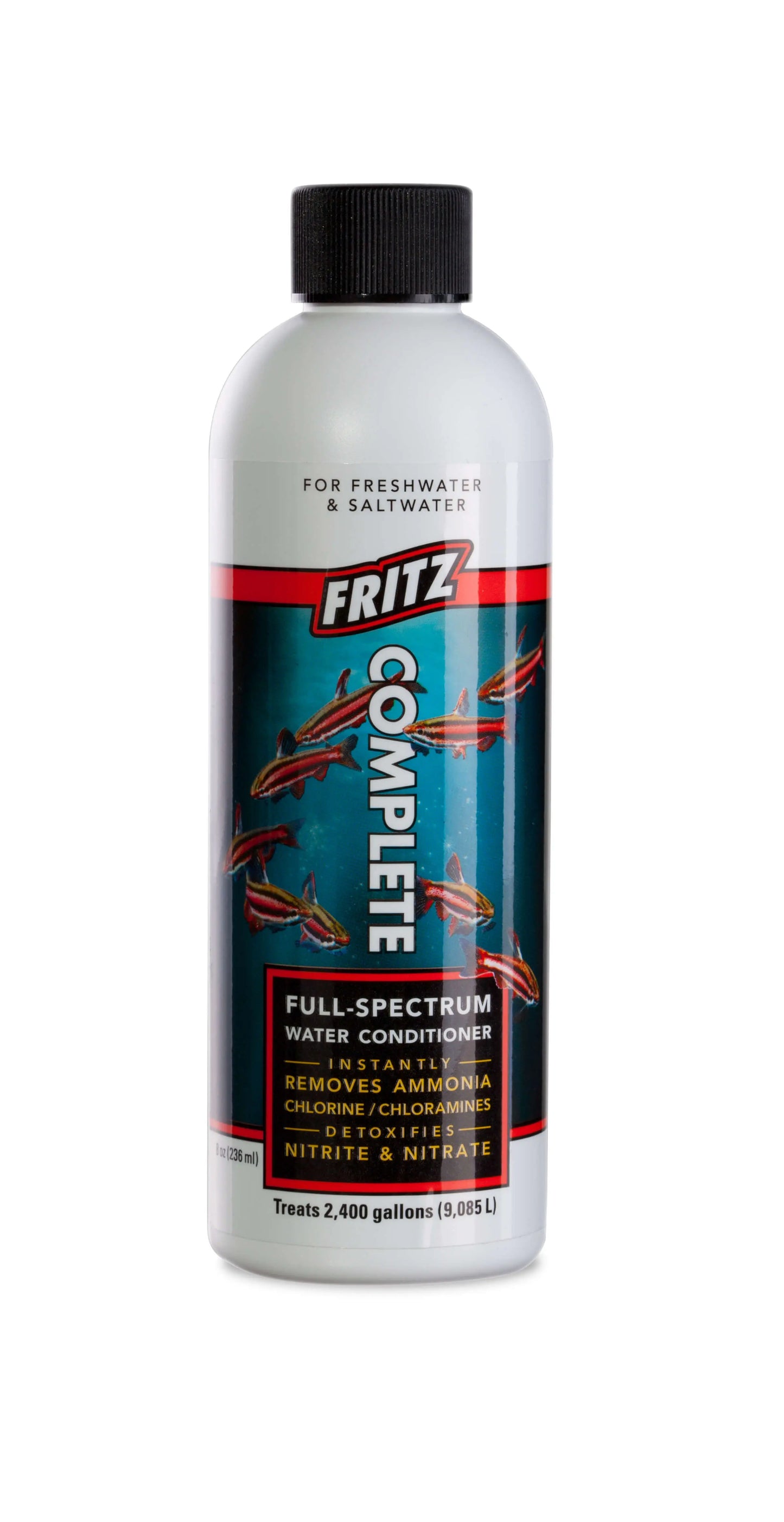 Fritz Complete 8 fl oz bottle β concentrated aquarium water conditioner that detoxifies chlorine, chloramine, ammonia, nitrite, and nitrate for safe fishkeeping.
