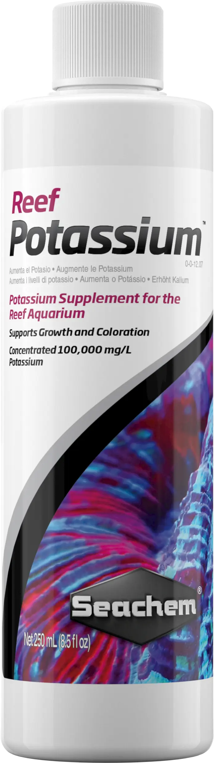 Seachem Reef Potassium 250 mL bottle used to supplement potassium levels in reef aquariums