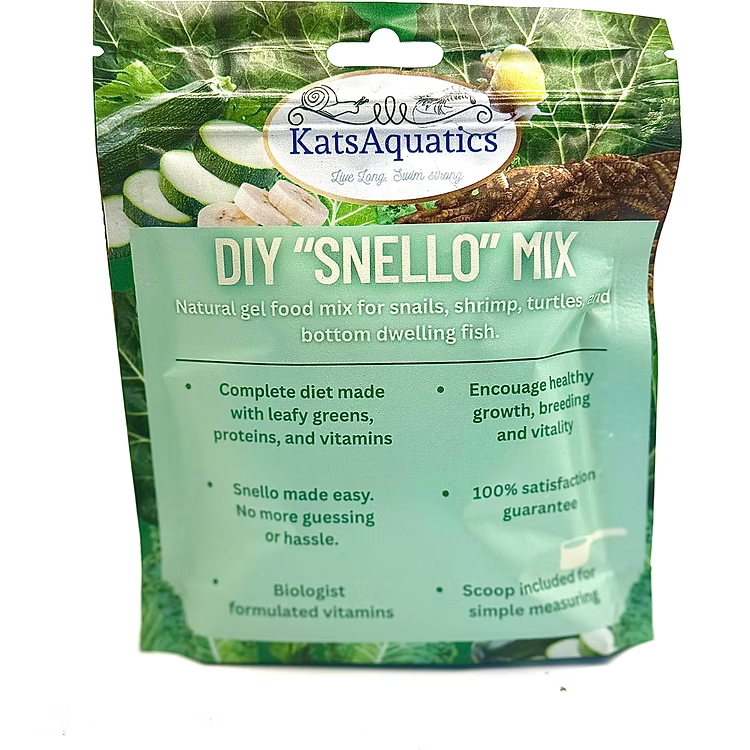 Kats Aquatics DIY Snello Powder – mixable aquarium snail and shrimp food powder to make nutrient-rich Snello at home.