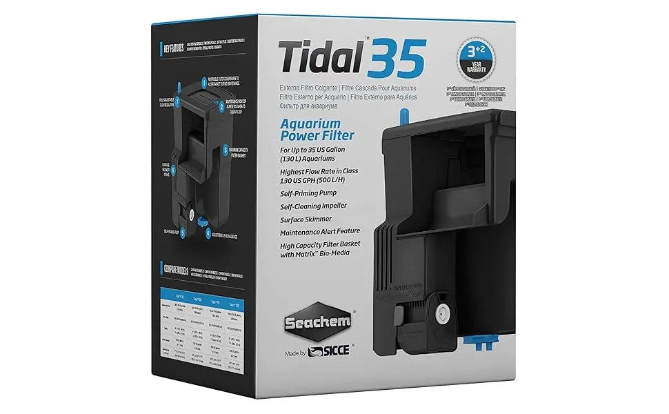 Seachem Tidal 35 Hang-On-Back aquarium filter – compact power filter for tanks up to 35 gallons with surface skimmer, self-priming pump, and adjustable flow.