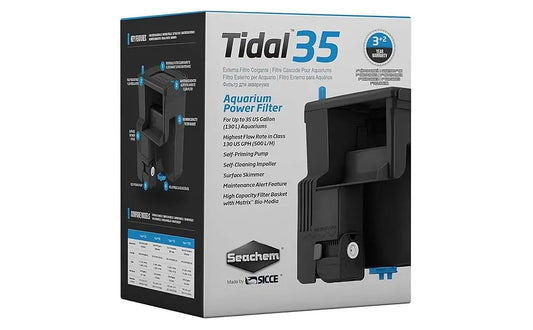 Seachem Tidal 35 Hang-On-Back aquarium filter – compact power filter for tanks up to 35 gallons with surface skimmer, self-priming pump, and adjustable flow.