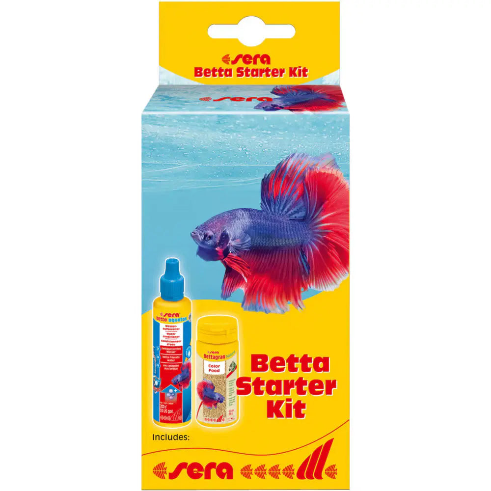 Sera Betta Starter Kit with betta food and Betta Aquatan water conditioner for betta aquariums.