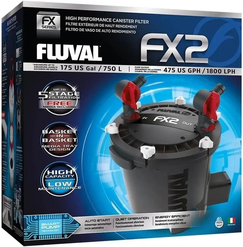 Fluval FX2 High Performance Canister Filter compact FX-series multi-stage aquarium filter for freshwater and saltwater tanks up to 175 gallons.