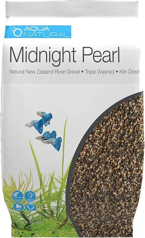 Pisces Midnight Pearl Aquarium Substrate 10 lb bag – shimmering black natural gravel safe for freshwater aquariums, fish, shrimp, and plants.