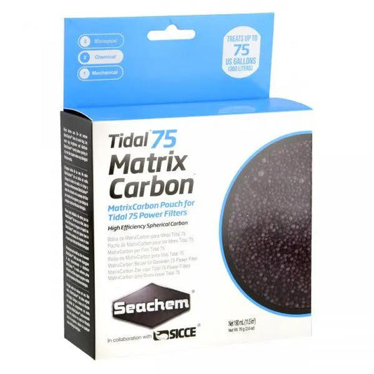 “Seachem Tidal 75 MatrixCarbon 190 mL – activated carbon filter media cartridge for removing toxins, odors, and discoloration in aquariums.”