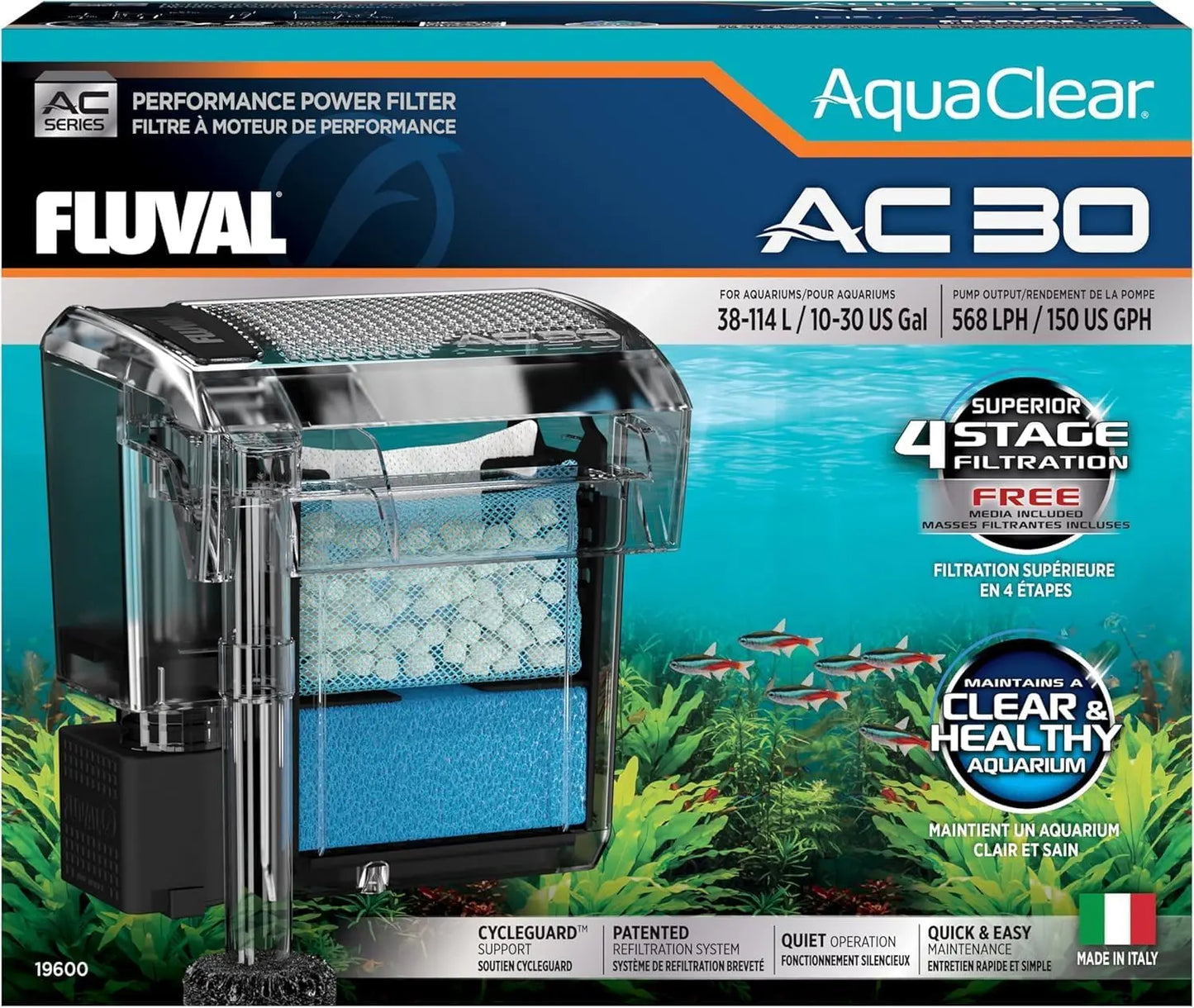 Fluval AquaClear AC30 power filter compact hang-on-back aquarium filter for tanks up to 30 gallons