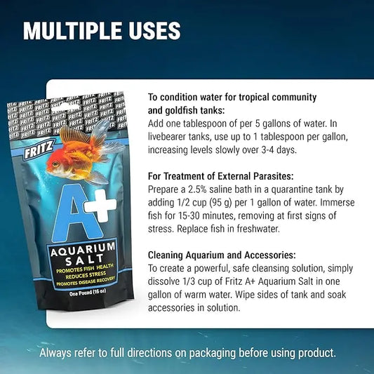 Fritz A+ Aquarium Salt – freshwater fish supplement that reduces stress, supports gill function, and promotes recovery from illness