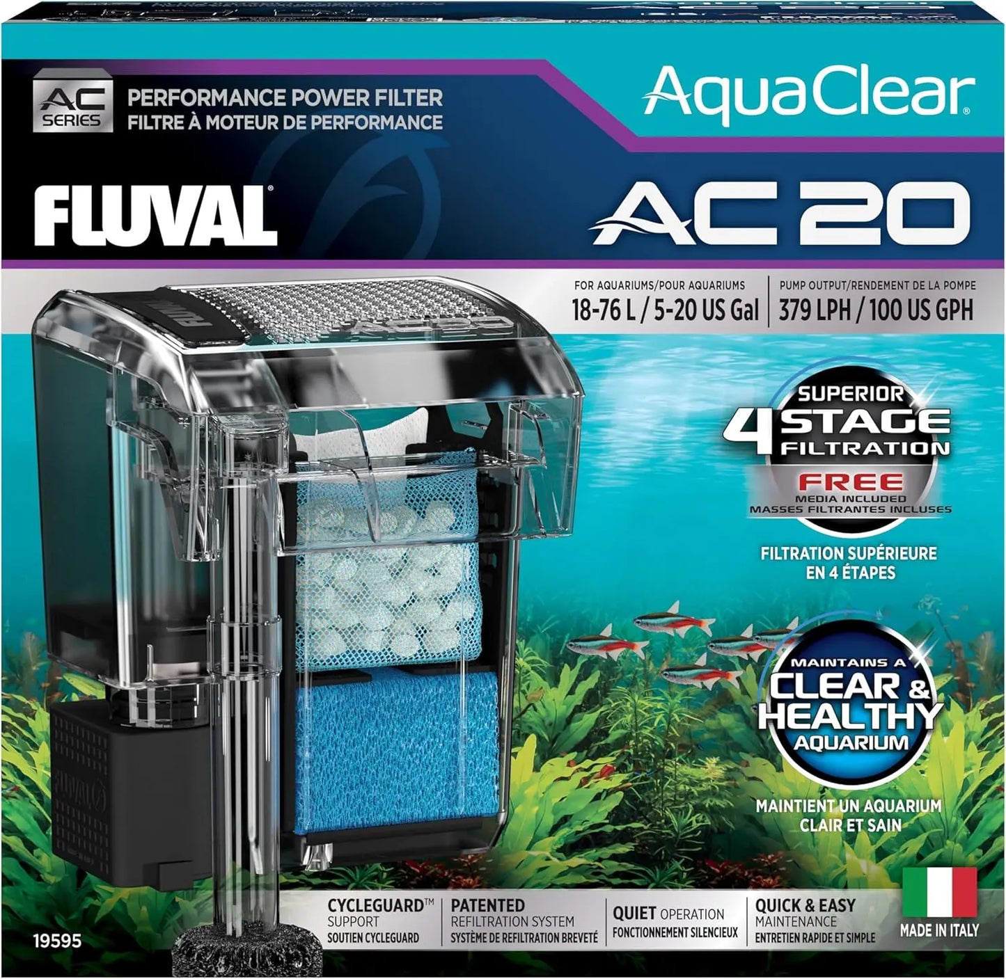 Fluval AquaClear AC20 power filter compact hang-on-back aquarium filter for tanks up to 20 gallons