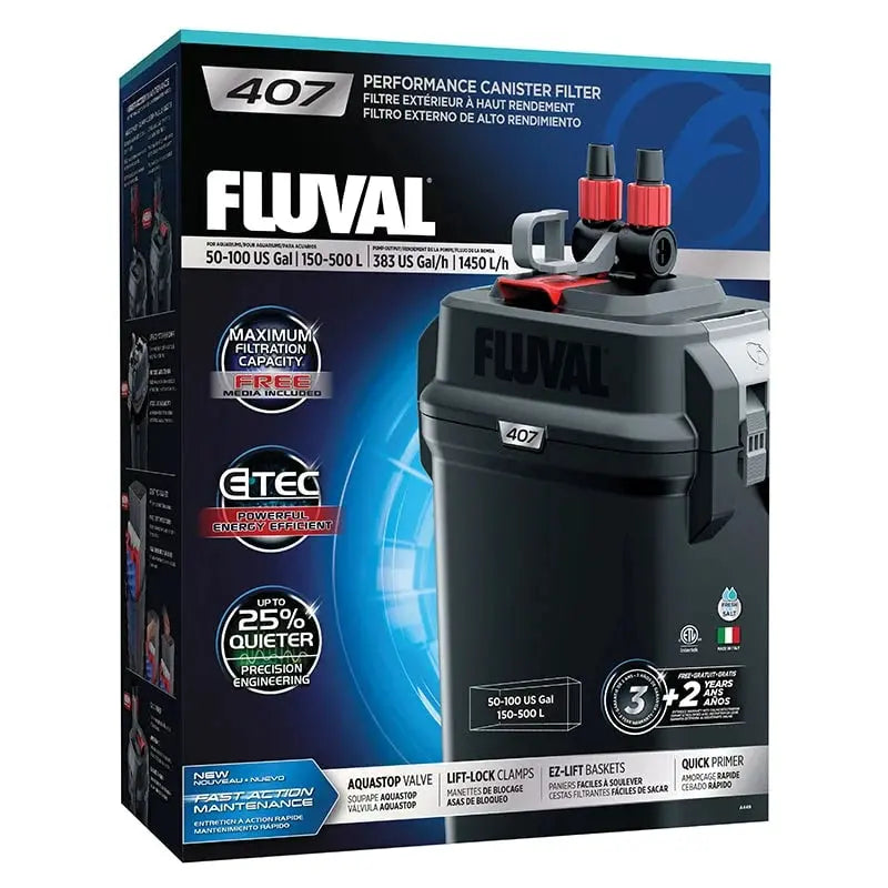 Fluval 407 external canister filter installed below a large freshwater aquarium providing high-capacity multi-stage filtration