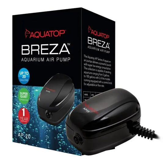 AQUATOP Breza AP-20 single outlet aquarium air pump – ultra-quiet, compact pump for fish tanks up to 20 gallons, ideal for sponge filters and nano tanks.