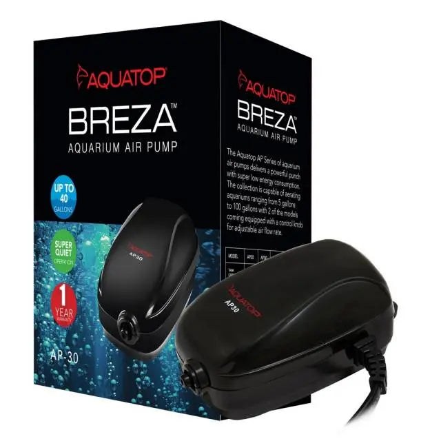 AQUATOP Breza AP-30 single outlet aquarium air pump – silent, energy-efficient design for fish tanks up to 40 gallons.