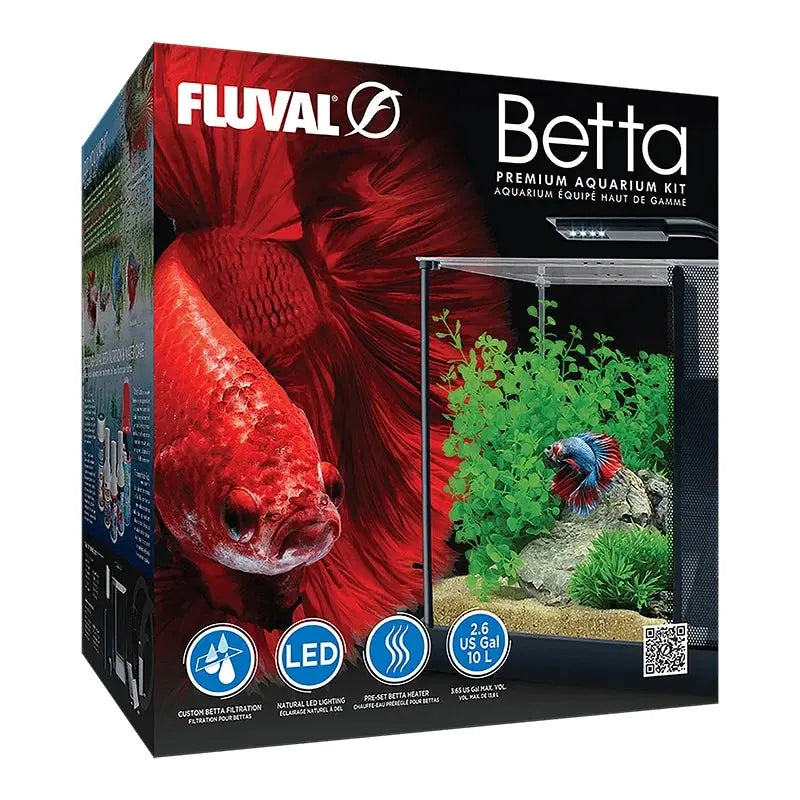 Fluval Betta Premium Aquarium Kit 2.6 gallon nano aquarium with LED lighting and built-in filtration for betta fish and small freshwater setups.