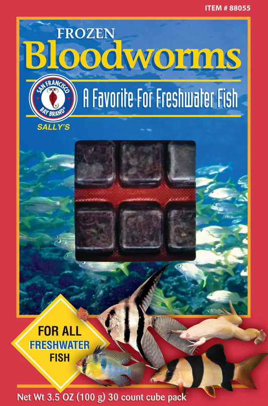 San Francisco Bay Brand Frozen Bloodworms 3.5 oz – premium high-protein fish food, local pickup only at Tropical Treasures Wyo, Cheyenne, WY