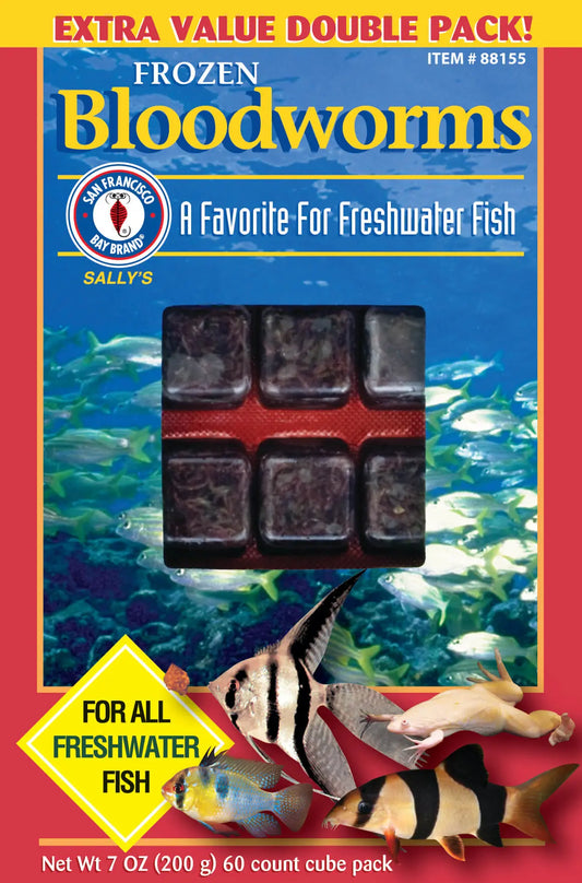 San Francisco Bay Brand Frozen Bloodworms Double Pack 7 oz – high-protein frozen fish food, local pickup only at Tropical Treasures Wyo, Cheyenne, WY.