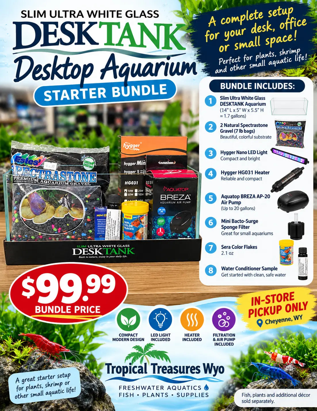 Slim Ultra White Glass Desktop Aquarium Starter Bundle – Approx. 1.7 Gallons