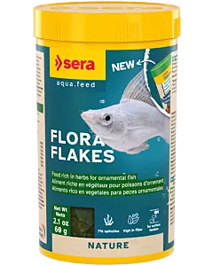 Sera Flora Flakes 2.1 oz – Spirulina veggie flake fish food container by Sera for tropical aquariums
