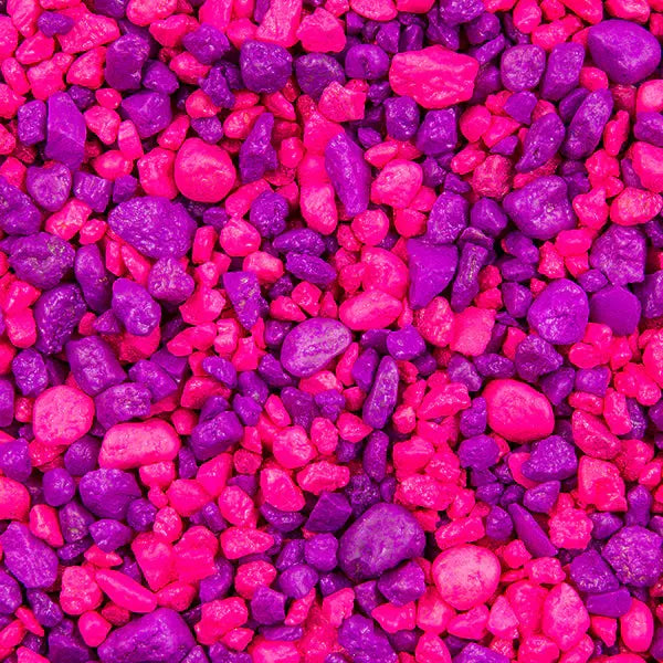 Estes Permaglo Princess Aquarium Gravel with vibrant pink and purple decorative stones for freshwater aquariums, betta tanks, and colorful fish displays