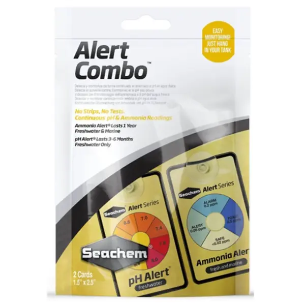 Seachem Alert Combo Pack Ammonia and pH 6 Month aquarium monitoring sensors for freshwater, saltwater, quarantine, and beginner fish tanks.