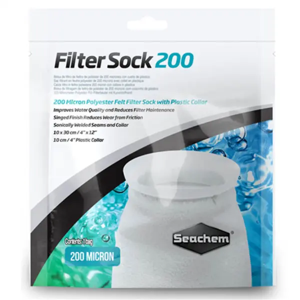 Seachem Filter Sock 200 Micron Welded 4x12 reusable aquarium sump filter sock for reef tanks, freshwater sumps, balanced water flow, and debris removal.