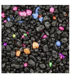 Estes Black Lagoon black aquarium substrate gravel in a planted freshwater aquarium with colorful fish and shrimp