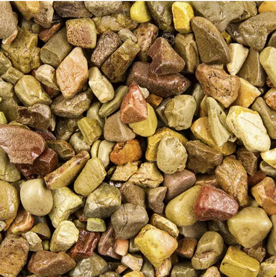 Estes Cherokee Pebble natural aquarium substrate with tan, brown, cream, olive, and sandstone river pebbles for freshwater aquariums and aquascaping
