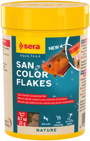 Sera San Color Flakes 0.7 oz – Color-enhancing tropical fish flake food container by Sera