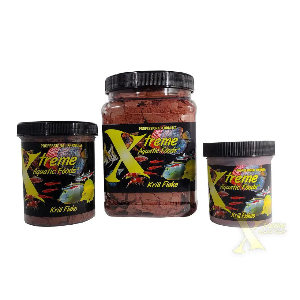 Xtreme Krill Flakes 1 oz – premium krill-based color-enhancing flake food in black Xtreme Aquatic Foods container