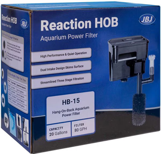 JBJ Reaction HOB HB-15 – compact hang-on-back aquarium filter with 3-stage filtration, designed for nano and small aquariums up to 15 gallons.