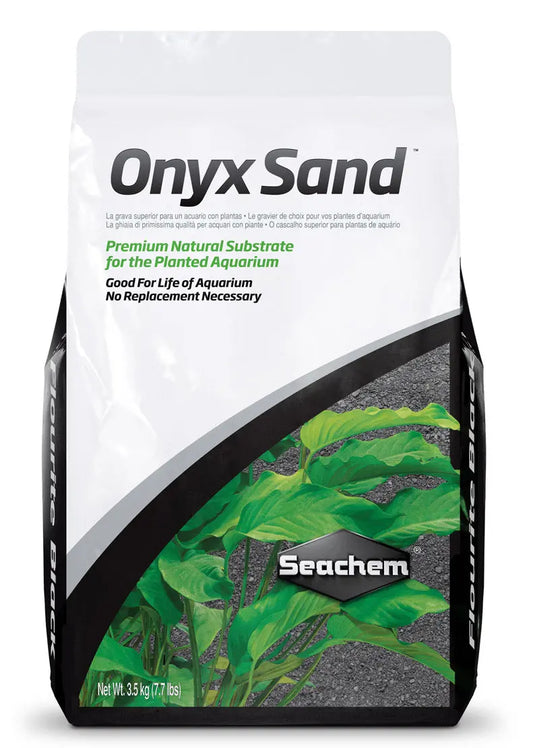 Seachem Flourite Onyx Sand – 15.4 lb bag of fine dark gray-black aquarium substrate for planted freshwater tanks.