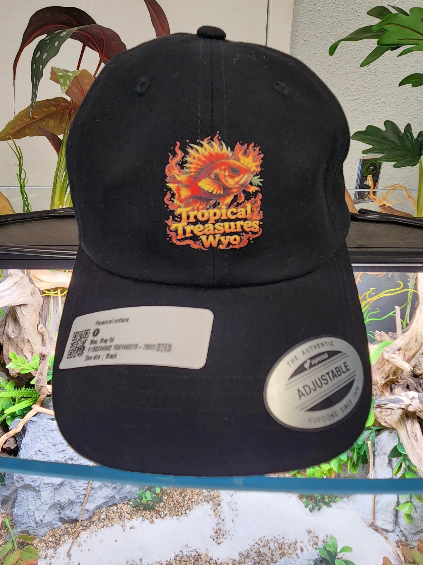Tropical Treasures Wyo Logo Hat Black Fire featuring embroidered aquarium store logo on black cap