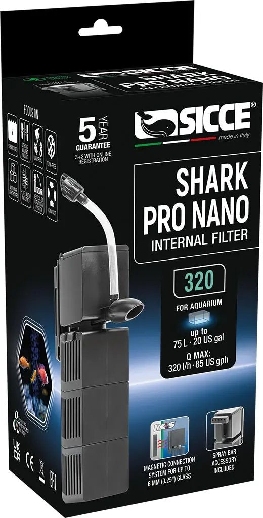 Sicce Shark Nano 320 Internal Filter compact 85 GPH modular aquarium filter for nano, betta, and shrimp tanks.