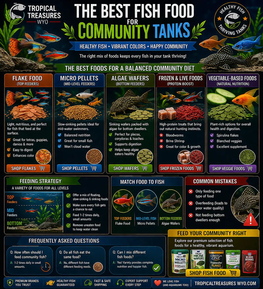 best fish food for community tank infographic showing flakes pellets and algae wafers