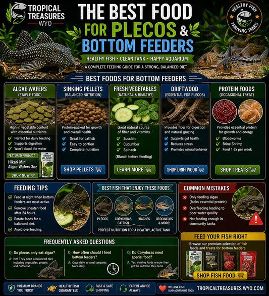 best food for plecos and bottom feeder fish infographic with algae wafers pellets and vegetables