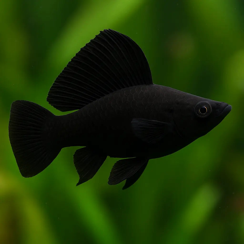 Black Sailfin Molly (Poecilia latipinna) with jet-black body and large sail-like dorsal fin swimming in a freshwater planted aquarium
