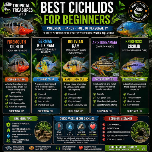 best beginner cichlids infographic featuring firemouth ram apistogramma and kribensis fish