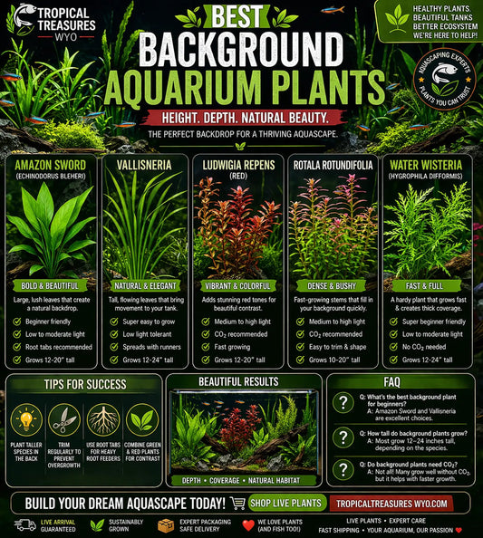 best background aquarium plants infographic featuring amazon sword vallisneria and rotala in planted tank