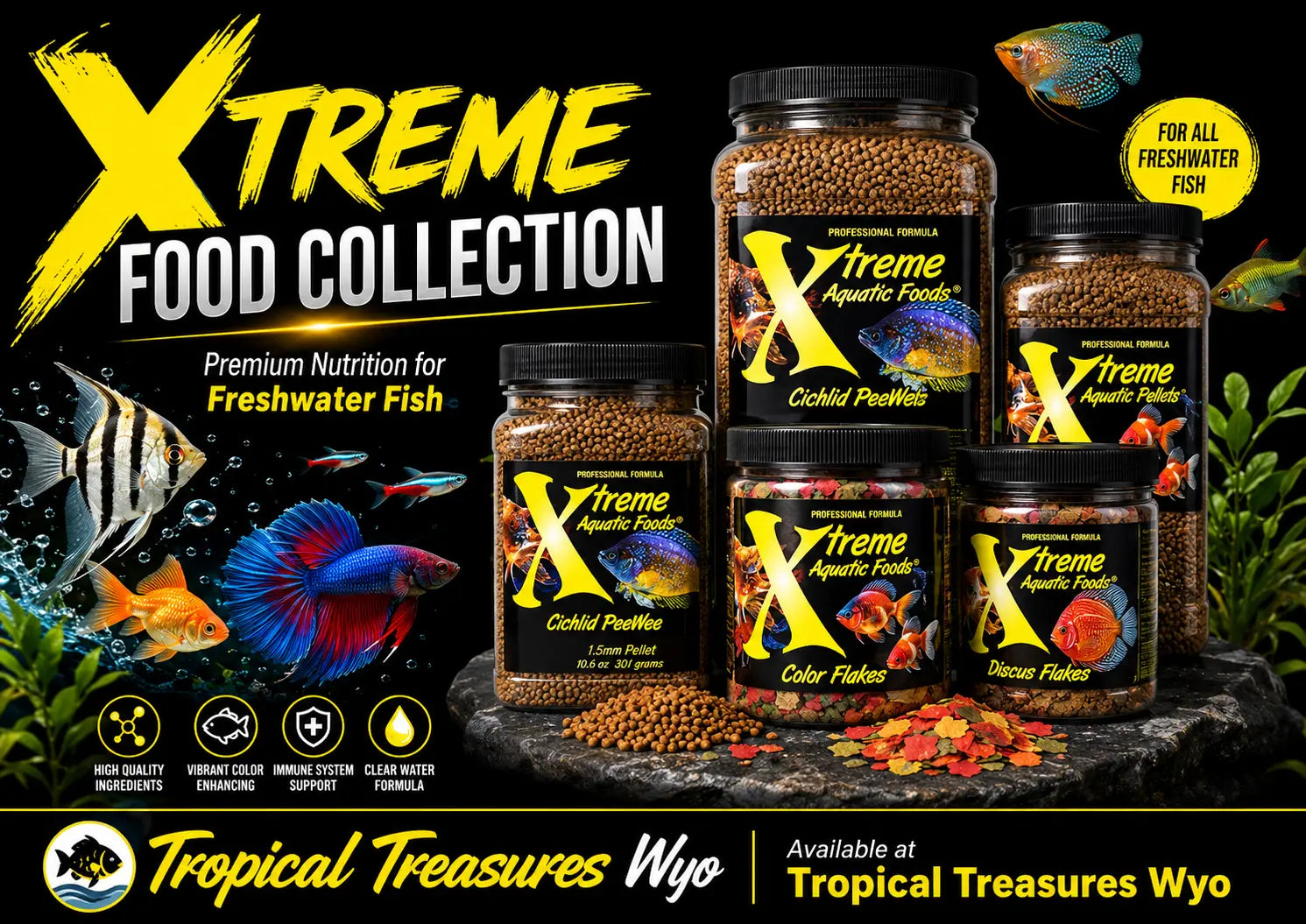 Xtreme Food Collection promotional banner featuring Xtreme Aquatic Foods containers, colorful freshwater fish, and Tropical Treasures Wyo branding.