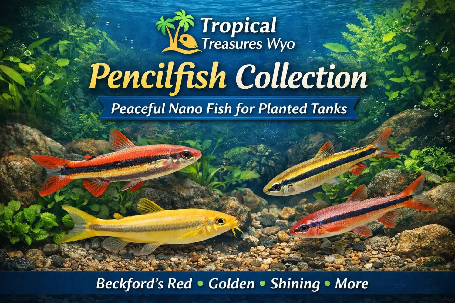 Pencilfish collection featuring peaceful nano fish for planted aquariums and community tanks at Tropical Treasures Wyo