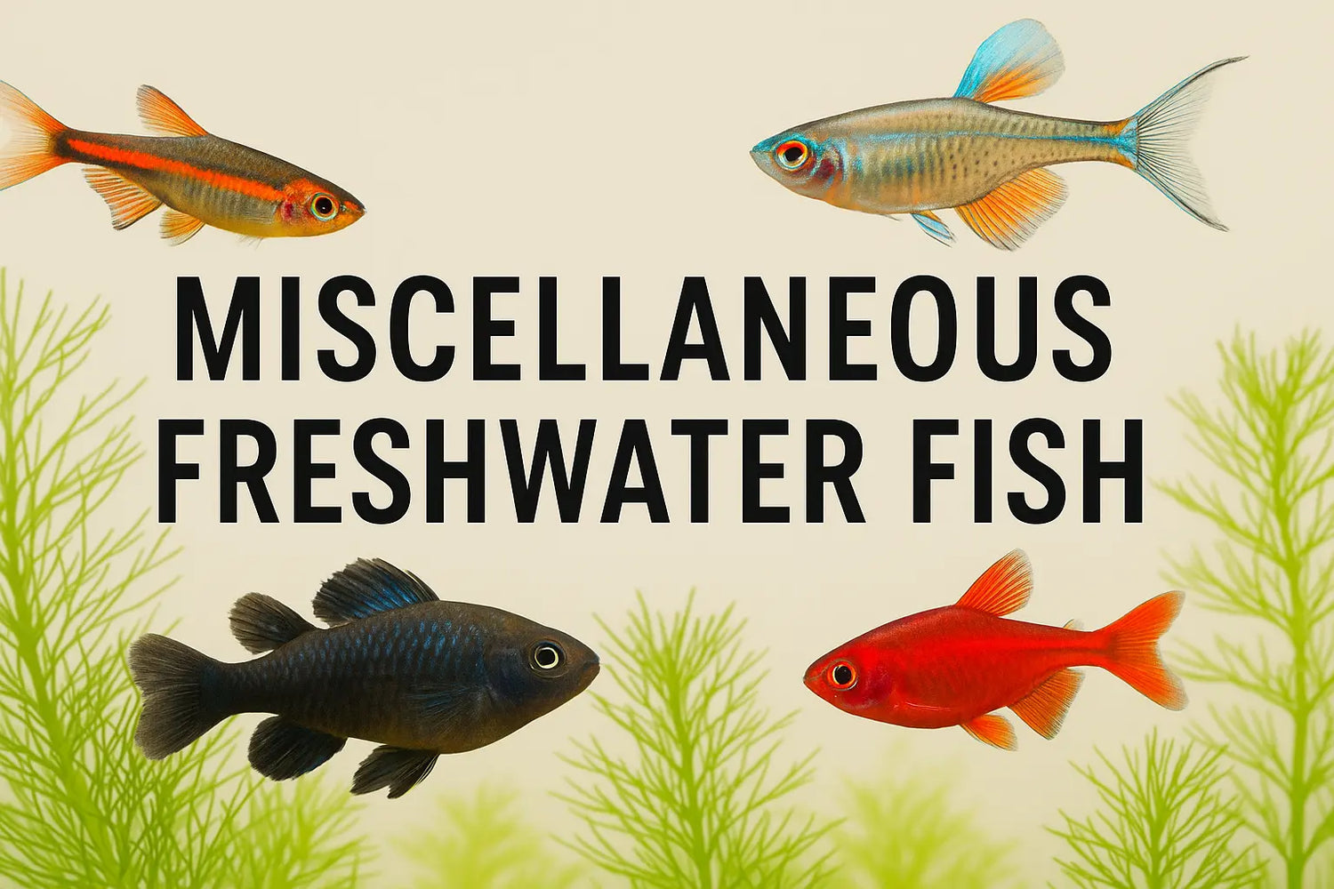 Miscellaneous freshwater fish collection banner featuring colorful species including pencilfish, rainbowfish, cichlids, and tetras with planted background.