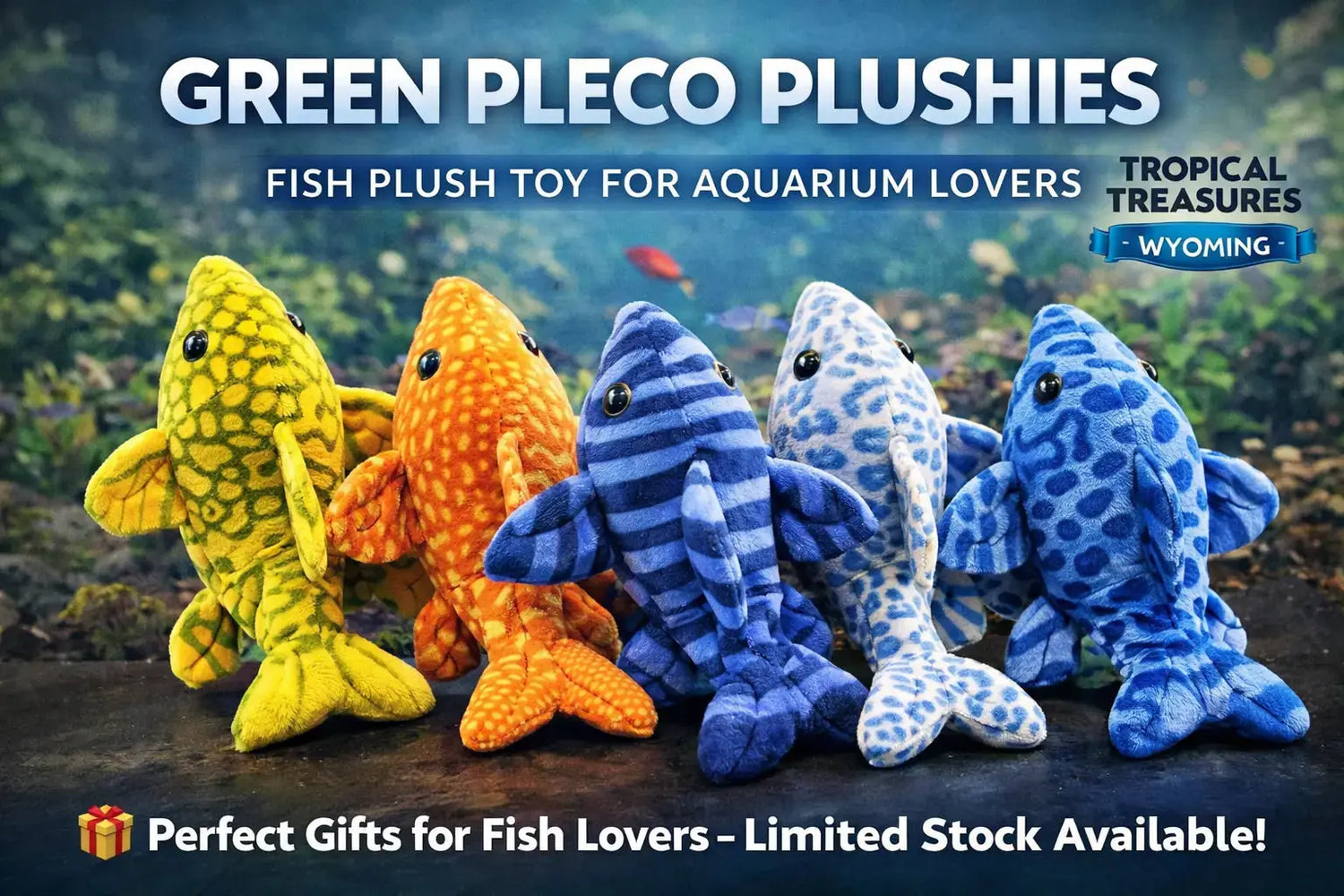 Green Pleco plush fish toys for aquarium lovers, available at Tropical Treasures Wyo in Cheyenne, Wyoming