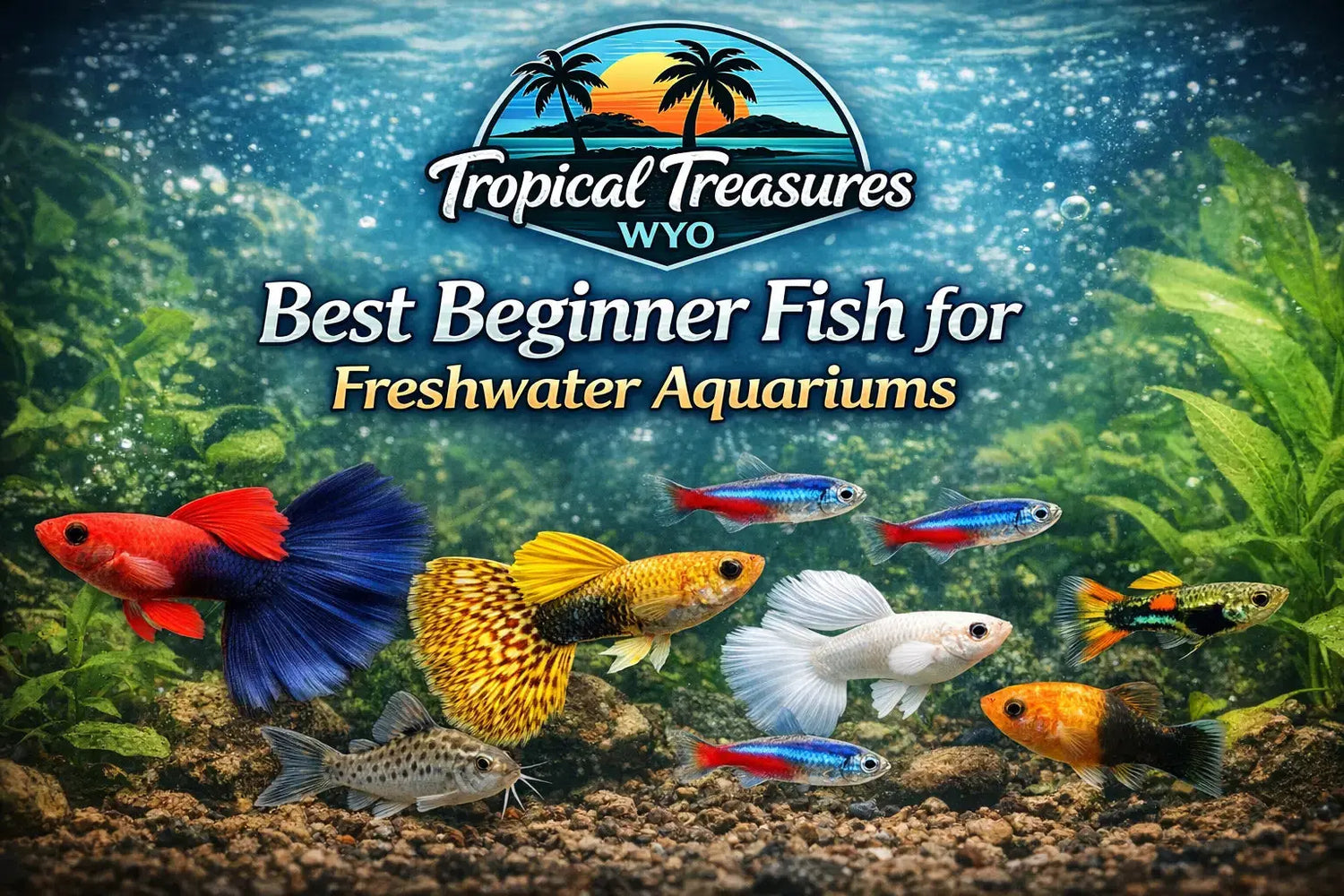 Beginner freshwater fish including guppies, tetras, and corydoras with Tropical Treasures Wyo logo – best beginner fish for aquariums