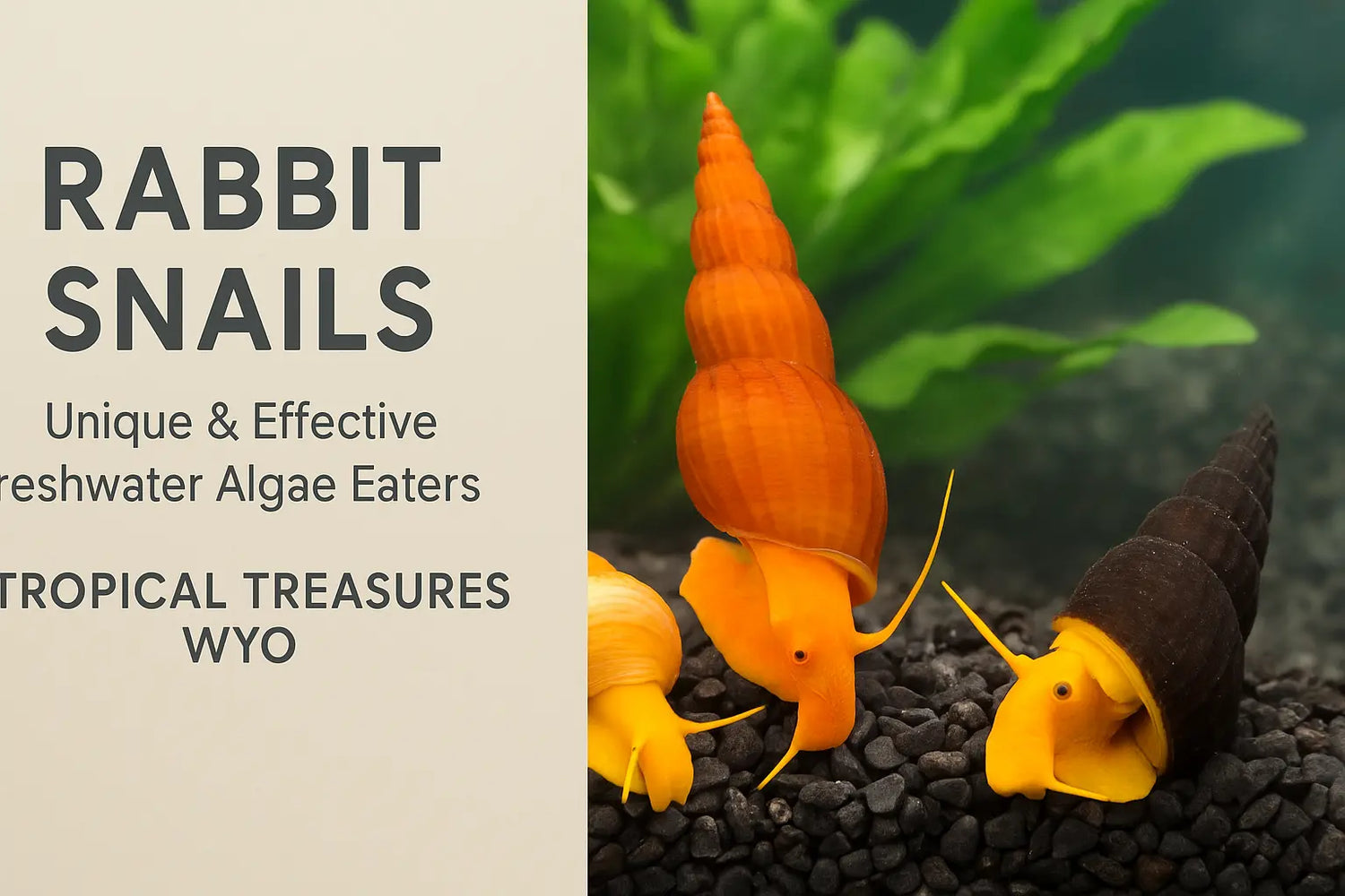 Rabbit Snails Collection – Chocolate, Golden, and Orange Volcano Rabbit Snails grazing on aquarium substrate among lush plants in a freshwater tank.