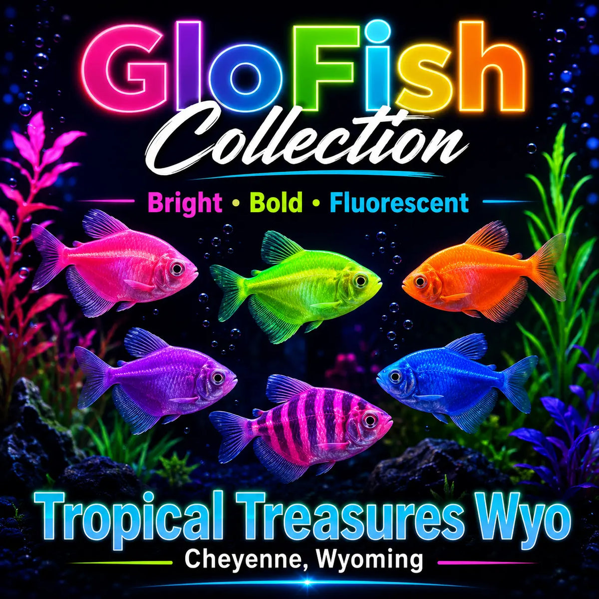 GloFish Collection promotional image for Tropical Treasures Wyo featuring bright fluorescent aquarium fish in neon pink, green, orange, purple, and blue with glowing underwater plants and branded Cheyenne, Wyoming text.