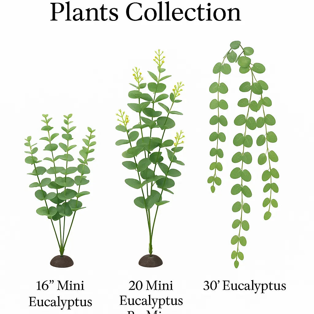 Eucalyptus Artificial Aquarium Plants Collection – 16-inch, 20-inch budding, and 30-inch eucalyptus artificial plants, fish-safe décor for freshwater aquariums.