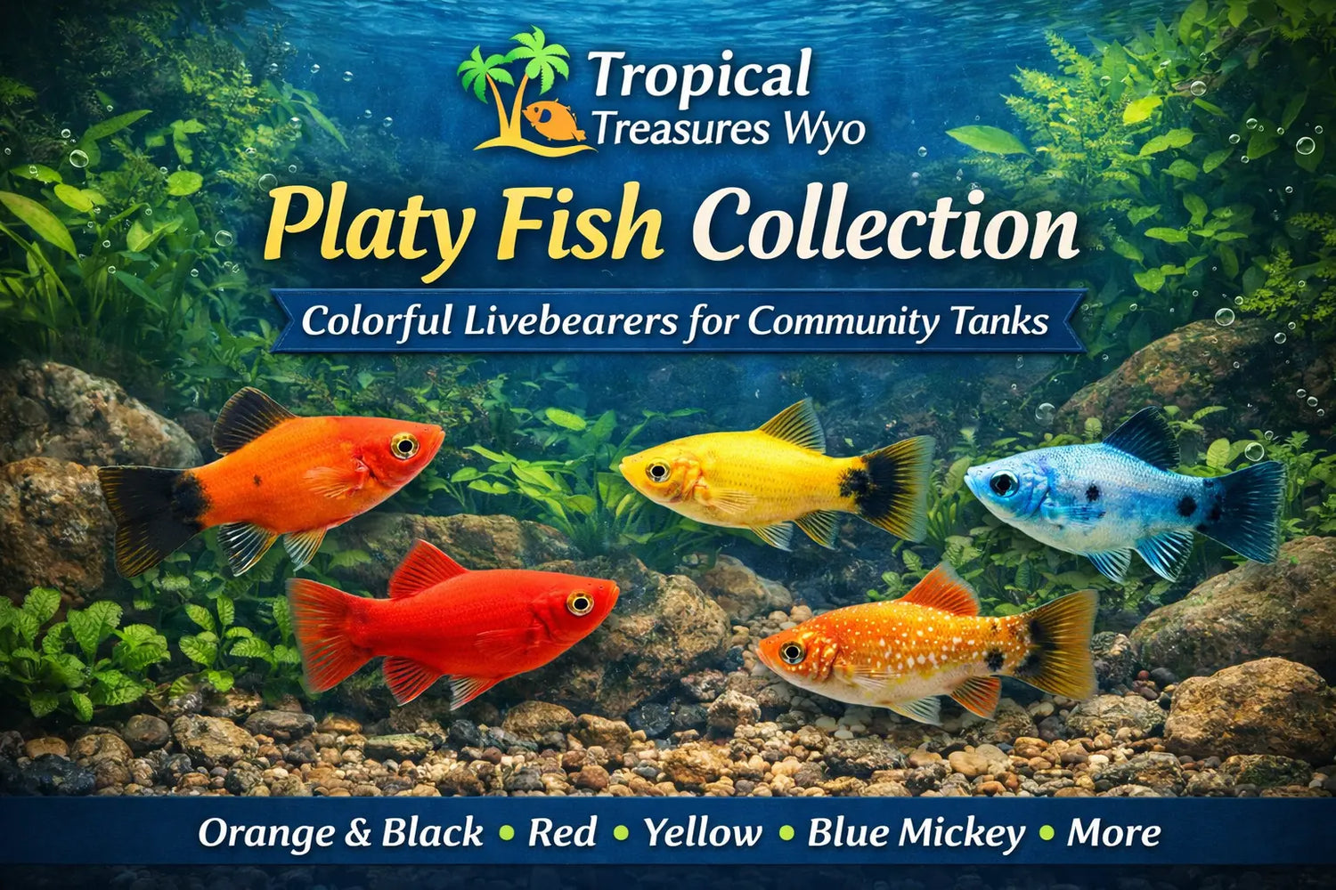 Platy fish collection featuring colorful freshwater livebearers for beginner and community aquariums at Tropical Treasures Wyo