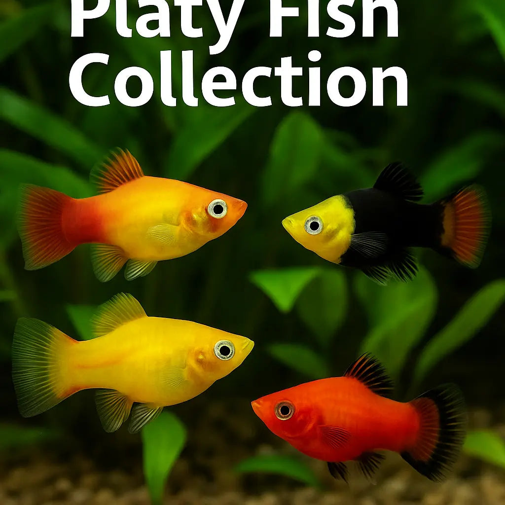 Platy Fish Collection – colorful livebearer freshwater fish including sunset, Mickey Mouse, tuxedo, and wagtail platies in a planted aquarium.